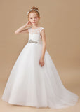 Ivory Tulle Long Bowknot Flower Girl Dresses With Rhinestones Sash