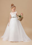 Ivory Tulle Long Bowknot Flower Girl Dresses With Rhinestones Sash