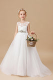 Ivory Tulle Long Bowknot Flower Girl Dresses With Rhinestones Sash