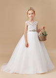 Ivory Tulle Long Bowknot Flower Girl Dresses With Rhinestones Sash