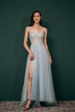 A-line Spaghetti Straps Sky Blue Prom Dresses
