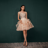 A-line Beading Pink Tulle Short Homecoming Dress, Short Prom Dress WH341036