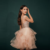 A-line Beading Pink Tulle Short Homecoming Dress, Short Prom Dress WH341036