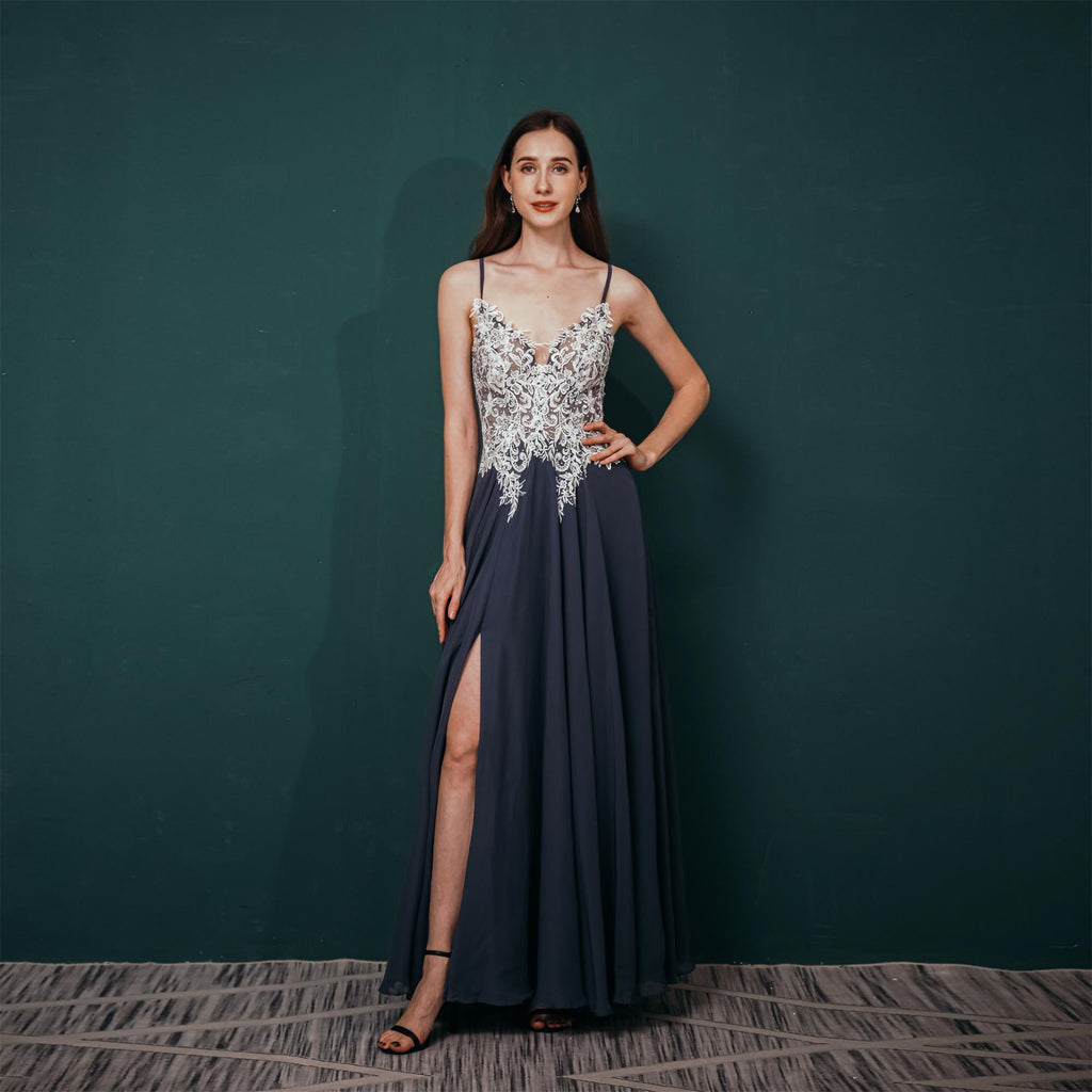 Fashin A-line Spaghetti Straps Side Split Long Prom Dress