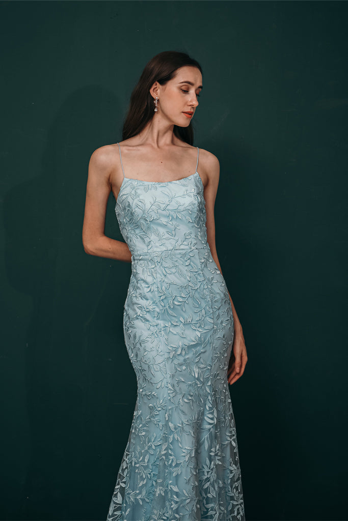 A-line Spaghetti Straps Lace Sky Blue Prom Dresses