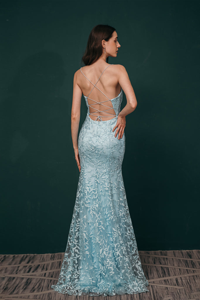 A-line Spaghetti Straps Lace Sky Blue Prom Dresses