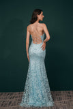 A-line Spaghetti Straps Lace Sky Blue Prom Dresses