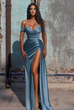 Off-the-Shoulder Dusty Blue Beading Mermaid Long Prom Dress With