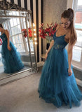 Appliques A Line Blue Tulle Lace  Formal Evening Dress Long Prom Dress
