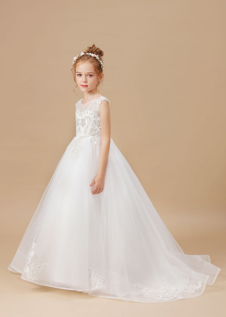 Multi-Layer Ivory Sleevelesss Applique Tulle Flower Girl Dresses with Trailing