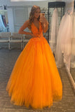 A-Line Appliques Evening Dress Orange V-Neck Tulle Lace Long Prom Dress