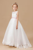 Floor-length Lace Tulle Satin Sleevelesss Flower Girl Dresses