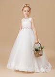 Floor-length Lace Tulle Satin Sleevelesss Flower Girl Dresses