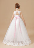 Floor-length Lace Tulle Satin Sleevelesss Flower Girl Dresses