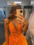 A-Line Appliques Evening Dress Orange V-Neck Tulle Lace Long Prom Dress