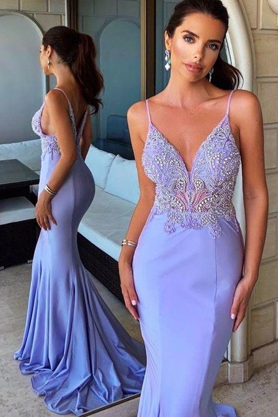 Spaghetti Straps Long Formal Evening Dress Lavender Mermaid  Prom Dresses