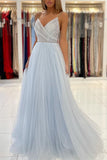 V-neck Party Dress Elegant Light Sky Blue Spaghetti-Straps Tulle Long Prom Dress With Beads