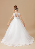 Floor-length V-neck Ivory Lace Tulle Satin Flower Girl Dresses