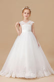 Floor-length V-neck Ivory Lace Tulle Satin Flower Girl Dresses