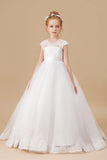 Floor-length V-neck Ivory Lace Tulle Satin Flower Girl Dresses