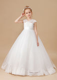 Floor-length V-neck Ivory Lace Tulle Satin Flower Girl Dresses