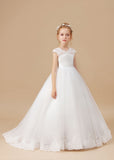 Floor-length V-neck Ivory Lace Tulle Satin Flower Girl Dresses