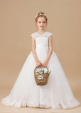 Floor-length V-neck Ivory Lace Tulle Satin Flower Girl Dresses