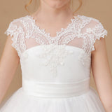 Floor-length V-neck Ivory Lace Tulle Satin Flower Girl Dresses