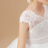 Floor-length V-neck Ivory Lace Tulle Satin Flower Girl Dresses