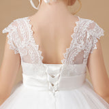 Floor-length V-neck Ivory Lace Tulle Satin Flower Girl Dresses