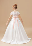 Ivory Satin Long Lace Flower Girl Dresses With Pink Bowknot