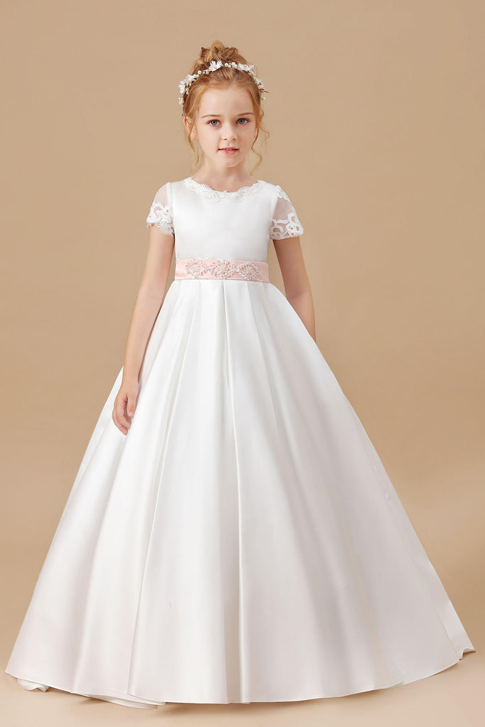 Ivory Satin Long Lace Flower Girl Dresses With Pink Bowknot