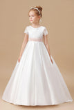 Ivory Satin Long Lace Flower Girl Dresses With Pink Bowknot