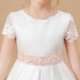 Ivory Satin Long Lace Flower Girl Dresses With Pink Bowknot