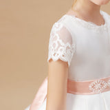 Ivory Satin Long Lace Flower Girl Dresses With Pink Bowknot