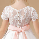 Ivory Satin Long Lace Flower Girl Dresses With Pink Bowknot