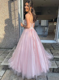 Ball Gown Sleeveless Pink Tulle Lace  Prom Dresses