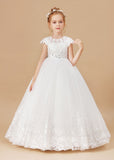 Lace Princess Tulle Satin Flower Girl Dresses With Bowknot