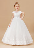 Lace Princess Tulle Satin Flower Girl Dresses With Bowknot