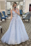 A-Line V-Neck Appliques Formal Evening Dress Stylish Mist Tulle Lace Long Prom Dress