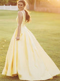 Simple A-Line Sleeveless Long Yellow Satin Prom Dress