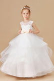 Ruffled Multi-layered Ivory Tulle Satin Flower Girl Dress With Champagne Bow