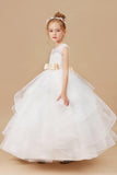 Ruffled Multi-layered Ivory Tulle Satin Flower Girl Dress With Champagne Bow