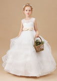 Ruffled Multi-layered Ivory Tulle Satin Flower Girl Dress With Champagne Bow