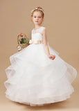 Ruffled Multi-layered Ivory Tulle Satin Flower Girl Dress With Champagne Bow