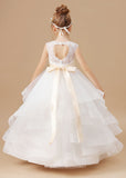 Ruffled Multi-layered Ivory Tulle Satin Flower Girl Dress With Champagne Bow