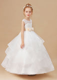 Ruffled Multi-layered Ivory Tulle Satin Flower Girl Dress With Champagne Bow