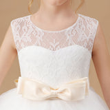 Ruffled Multi-layered Ivory Tulle Satin Flower Girl Dress With Champagne Bow