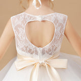 Ruffled Multi-layered Ivory Tulle Satin Flower Girl Dress With Champagne Bow