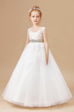 Ivory Tulle Sleeveless Satin Flower Girl Dress With Bowknot